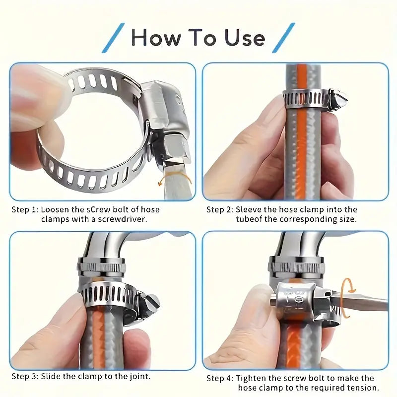 Sada 50 nerezových hadicových spon (6–29 mm) – šnekový (worm gear), pořadač s přihrádkami