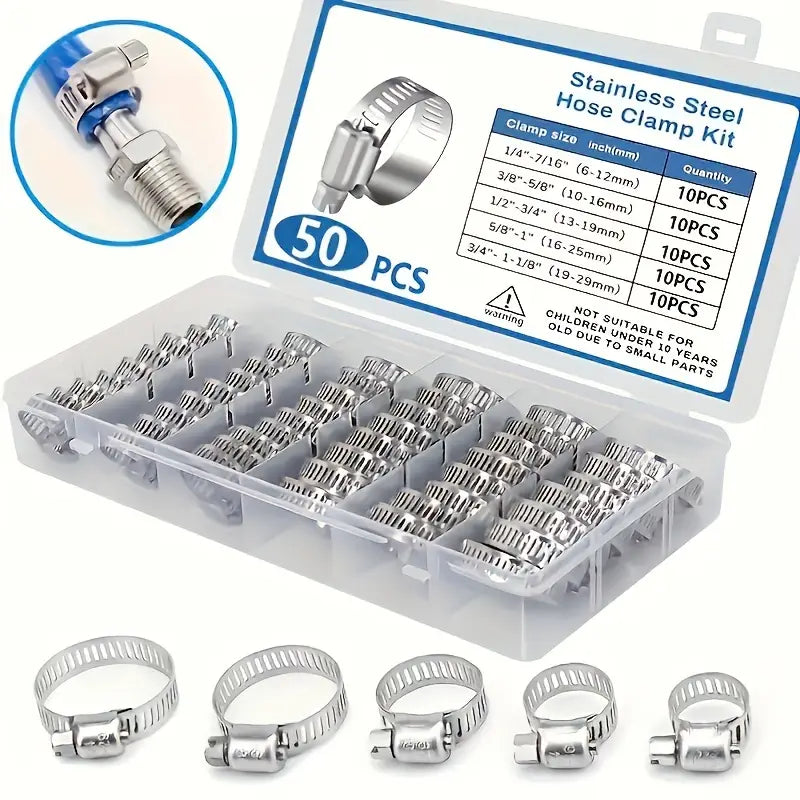 Sada 50 nerezových hadicových spon (6–29 mm) – šnekový (worm gear), pořadač s přihrádkami
