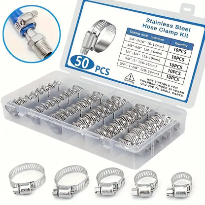 Sada 50 nerezových hadicových spon (6–29 mm) – šnekový (worm gear), pořadač s přihrádkami