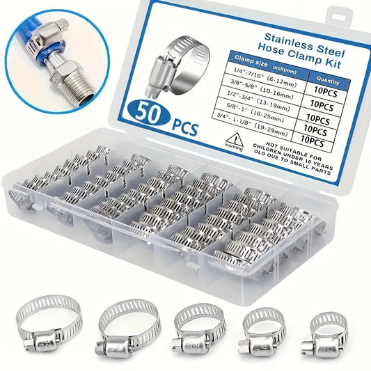 Sada 50 nerezových hadicových spon (6–29 mm) – šnekový (worm gear), pořadač s přihrádkami