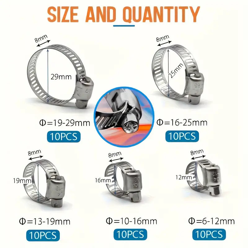 Sada 50 nerezových hadicových spon (6–29 mm) – šnekový (worm gear), pořadač s přihrádkami