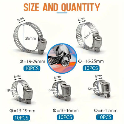 Sada 50 nerezových hadicových spon (6–29 mm) – šnekový (worm gear), pořadač s přihrádkami