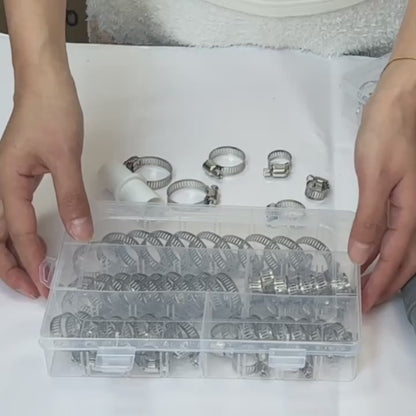 Sada 50 nerezových hadicových spon (6–29 mm) – šnekový (worm gear), pořadač s přihrádkami